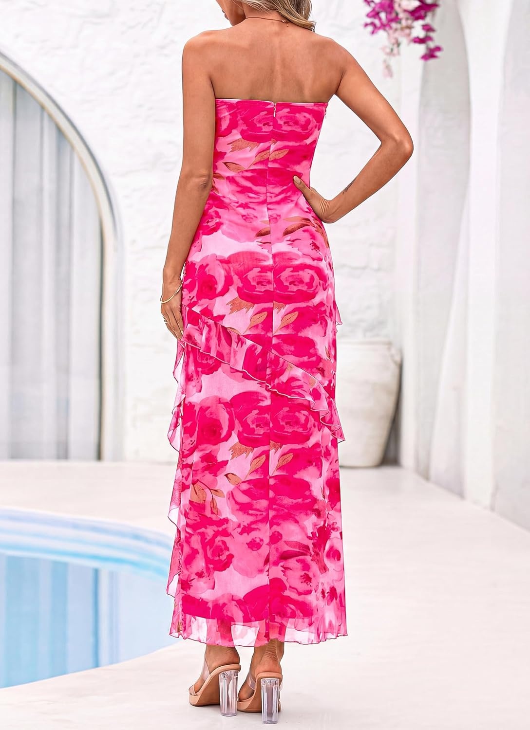 image:imageBTFBM Off The Shoulder Dresses for Women Summer 2026 Strapless Ruffle Slit Formal Wedding Guest Dress Cocktail PartyFloral Pink