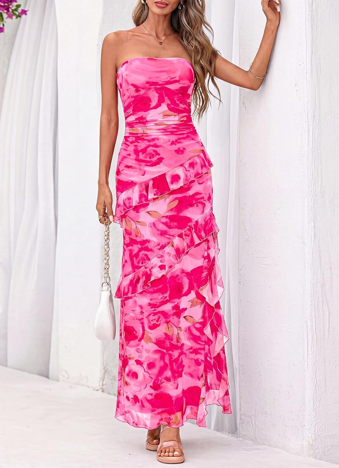 image:imageBTFBM Off The Shoulder Dresses for Women Summer 2026 Strapless Ruffle Slit Formal Wedding Guest Dress Cocktail PartyFloral Pink
