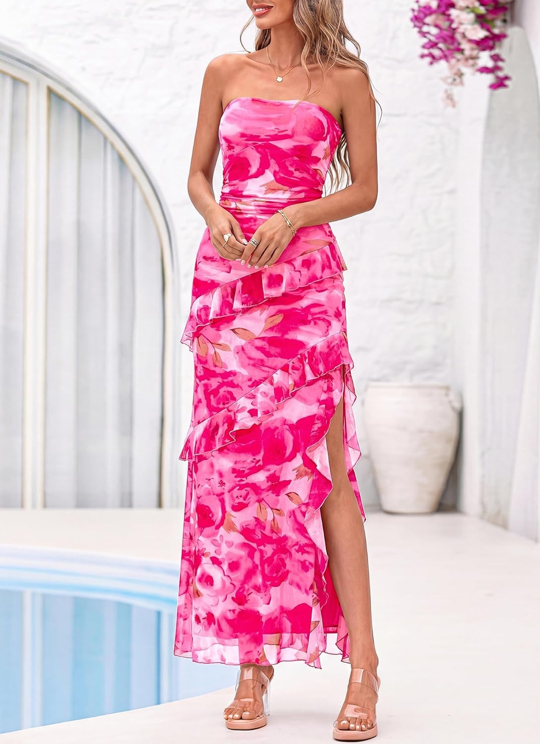 image:imageBTFBM Off The Shoulder Dresses for Women Summer 2026 Strapless Ruffle Slit Formal Wedding Guest Dress Cocktail PartyFloral Pink