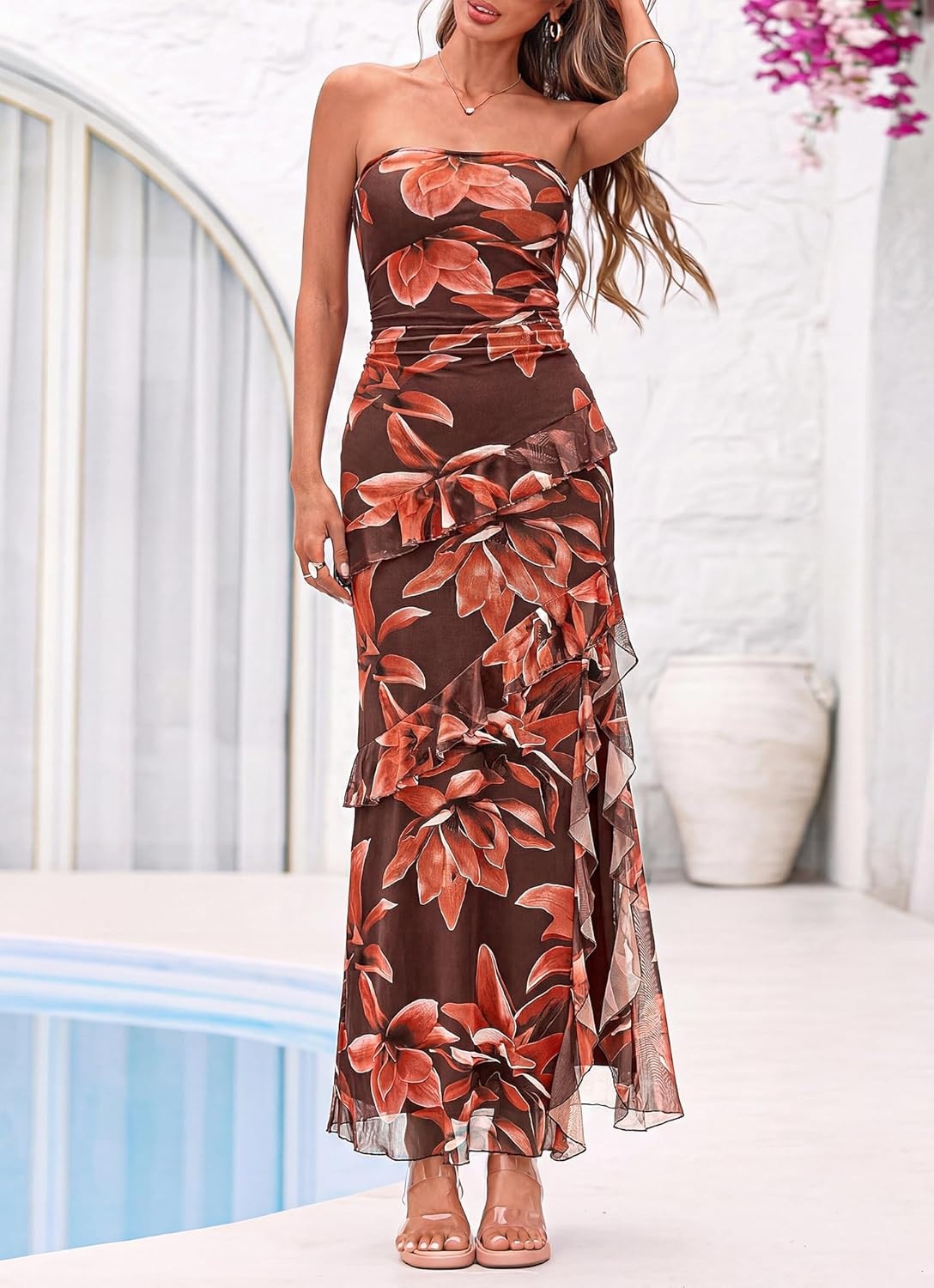 image:imageBTFBM Off The Shoulder Dresses for Women Summer 2026 Strapless Ruffle Slit Formal Wedding Guest Dress Cocktail PartyFloral Red Brown