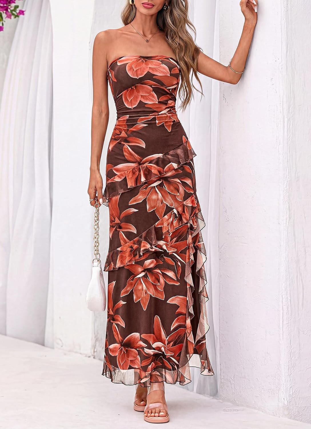 image:imageBTFBM Off The Shoulder Dresses for Women Summer 2026 Strapless Ruffle Slit Formal Wedding Guest Dress Cocktail PartyFloral Red Brown