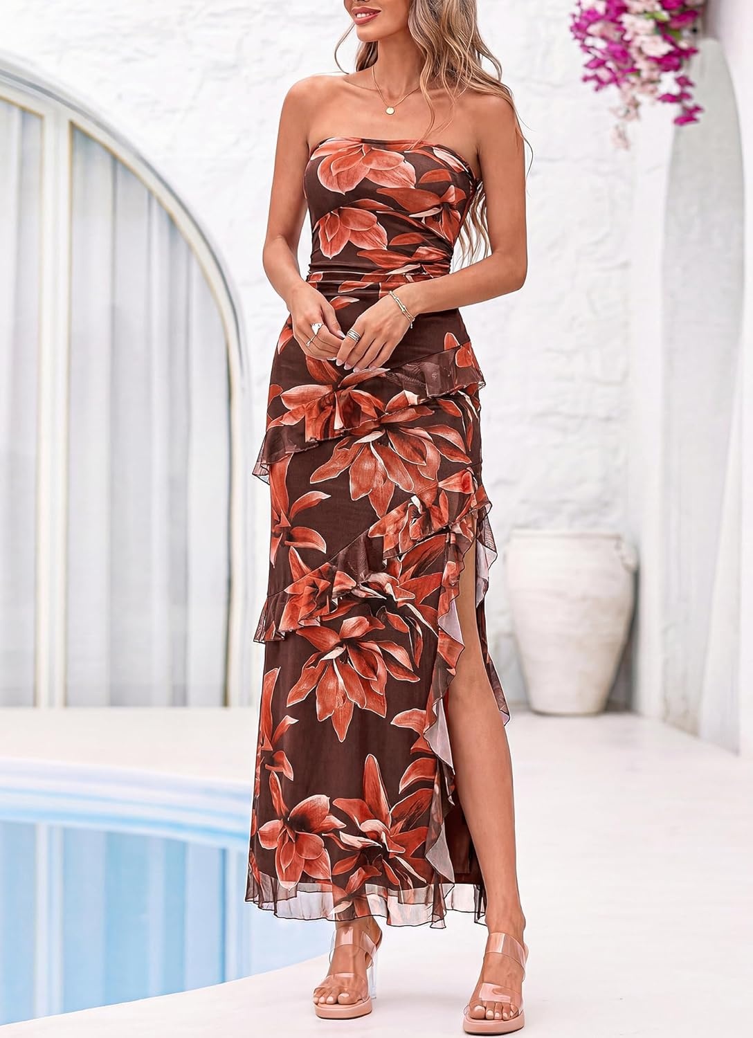 image:imageBTFBM Off The Shoulder Dresses for Women Summer 2026 Strapless Ruffle Slit Formal Wedding Guest Dress Cocktail PartyFloral Red Brown