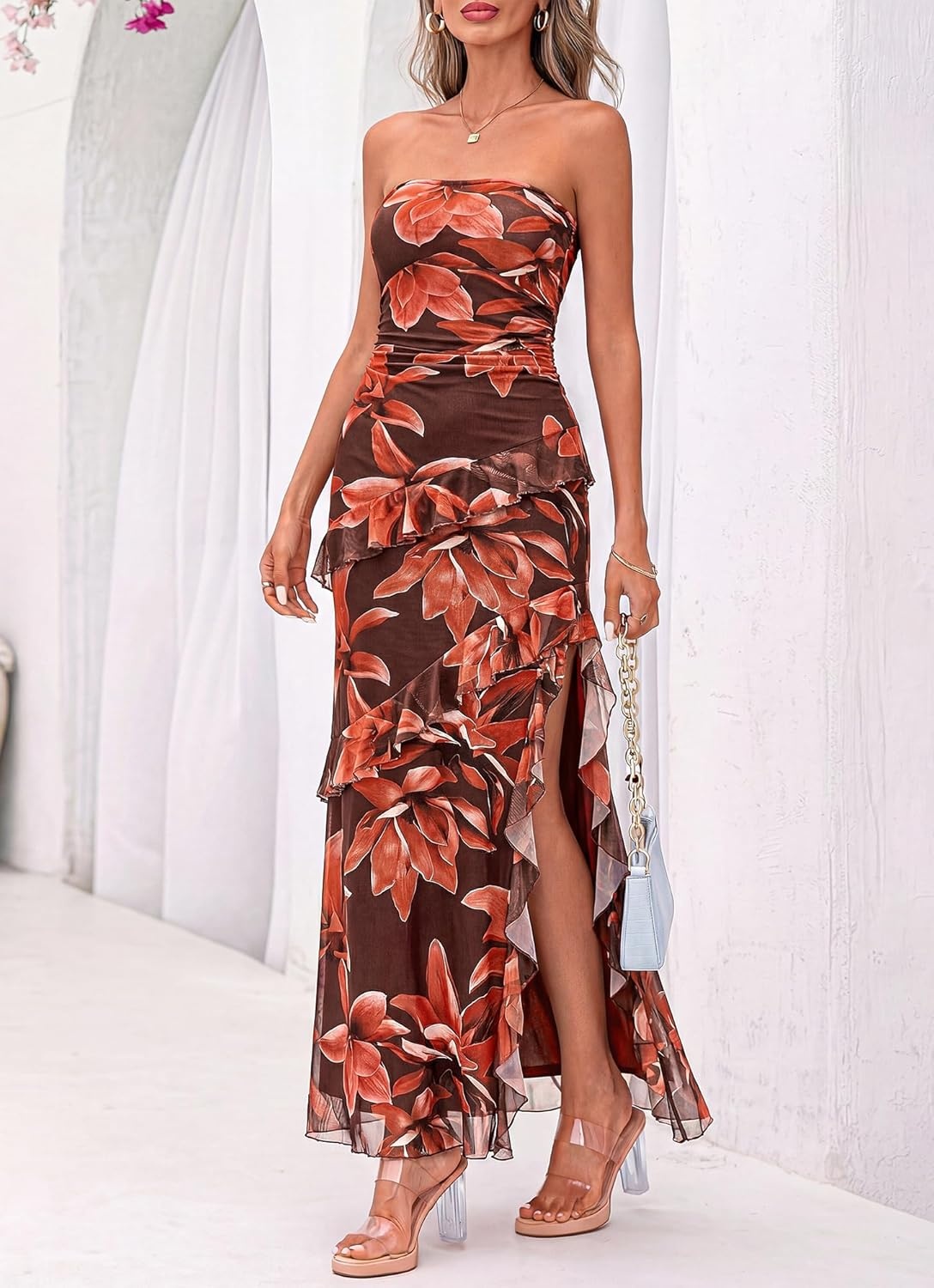 image:imageBTFBM Off The Shoulder Dresses for Women Summer 2026 Strapless Ruffle Slit Formal Wedding Guest Dress Cocktail PartyFloral Red Brown