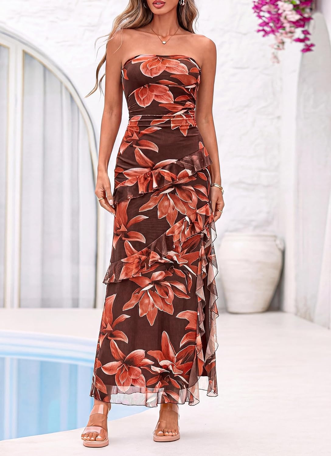 image:imageBTFBM Off The Shoulder Dresses for Women Summer 2026 Strapless Ruffle Slit Formal Wedding Guest Dress Cocktail PartyFloral Red Brown