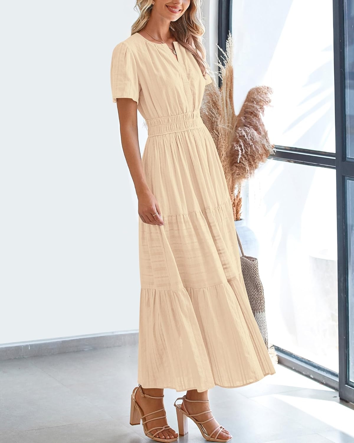 image:imageBTFBM Womens Summer 2026 Casual Midi Maxi Dresses Lightweight Short Sleeve V Neck Elastic Waist Boho Beach Dress PocketsApricot