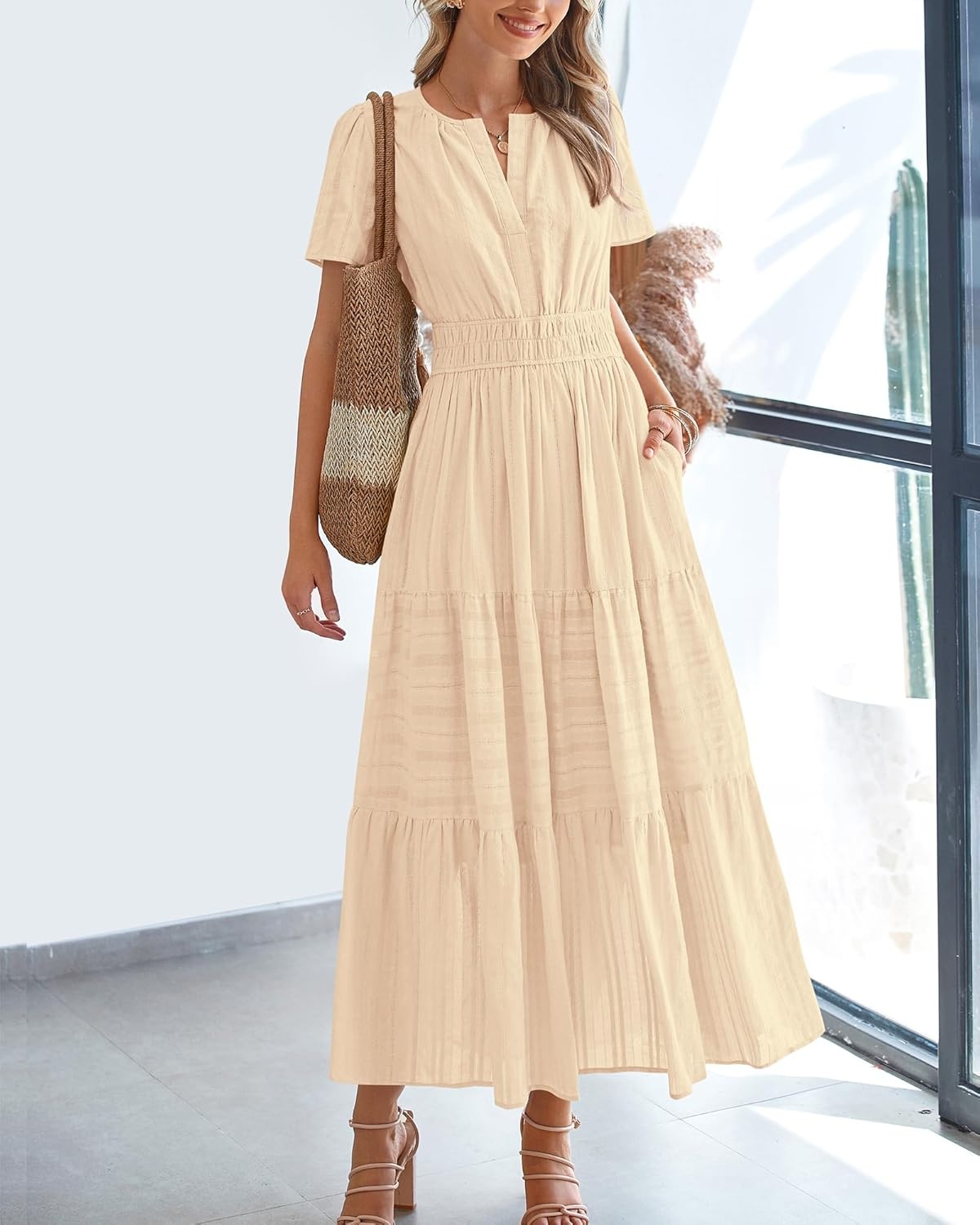 image:imageBTFBM Womens Summer 2026 Casual Midi Maxi Dresses Lightweight Short Sleeve V Neck Elastic Waist Boho Beach Dress PocketsApricot