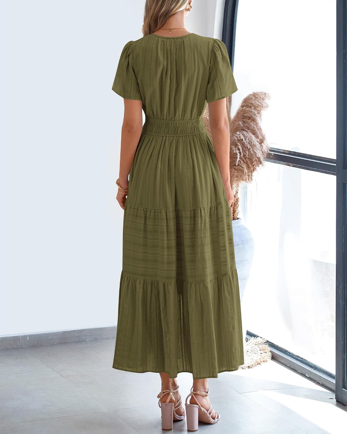 image:imageBTFBM Womens Summer 2026 Casual Midi Maxi Dresses Lightweight Short Sleeve V Neck Elastic Waist Boho Beach Dress PocketsArmy Green