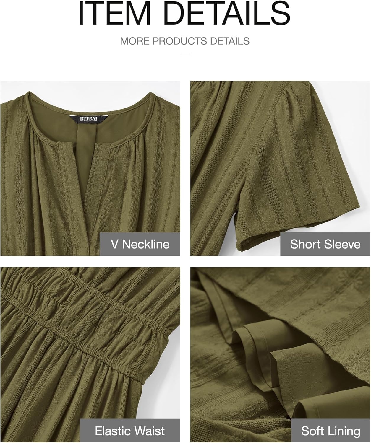 image:imageBTFBM Womens Summer 2026 Casual Midi Maxi Dresses Lightweight Short Sleeve V Neck Elastic Waist Boho Beach Dress PocketsArmy Green