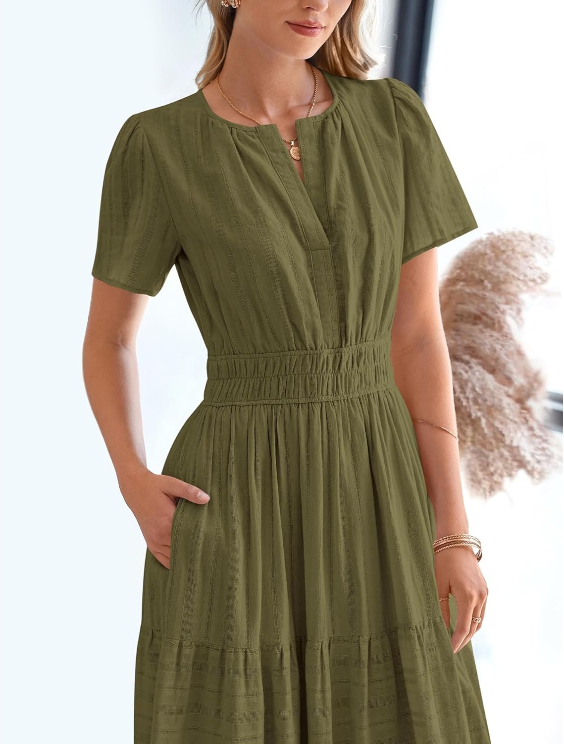 image:imageBTFBM Womens Summer 2026 Casual Midi Maxi Dresses Lightweight Short Sleeve V Neck Elastic Waist Boho Beach Dress PocketsArmy Green
