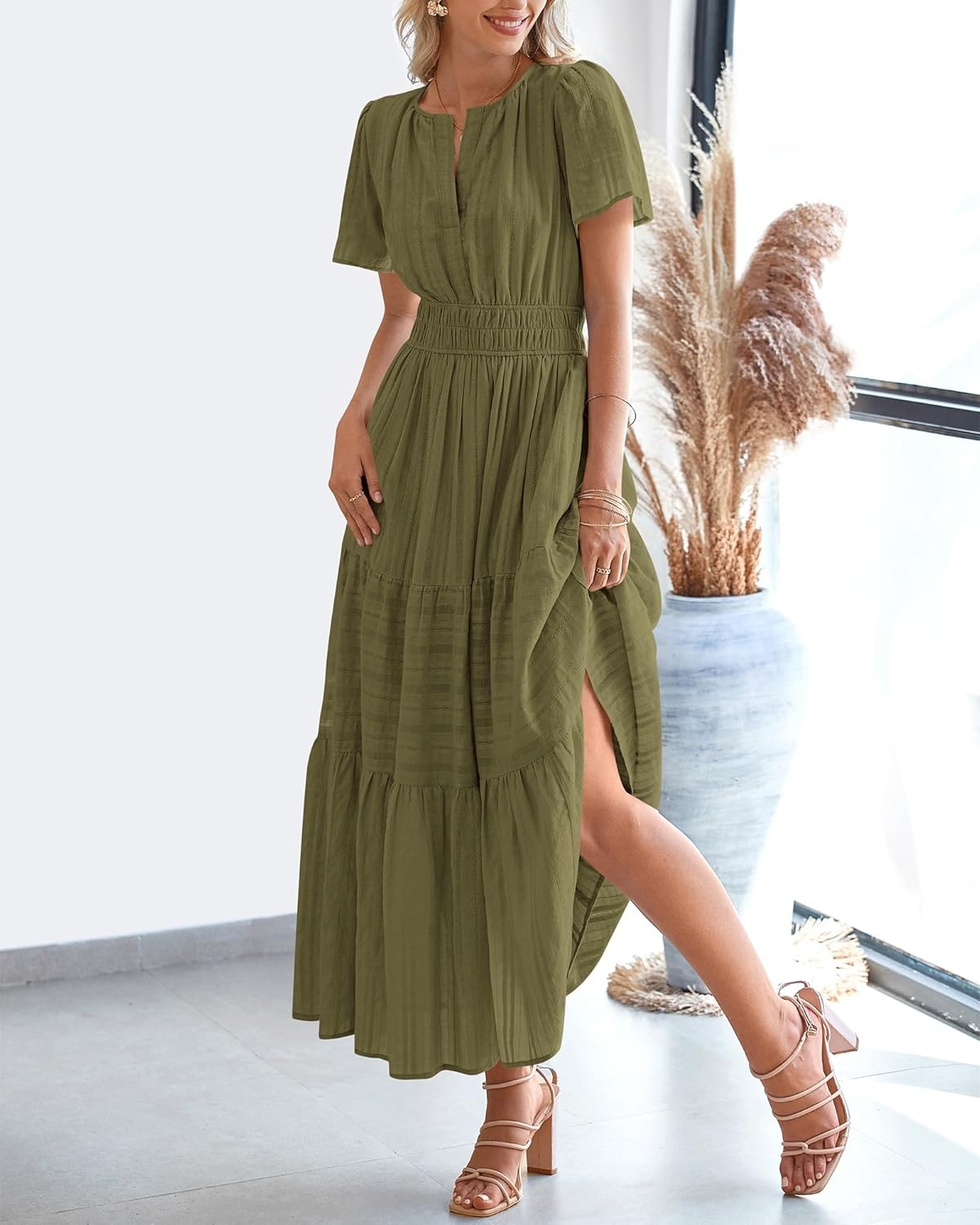 image:imageBTFBM Womens Summer 2026 Casual Midi Maxi Dresses Lightweight Short Sleeve V Neck Elastic Waist Boho Beach Dress PocketsArmy Green
