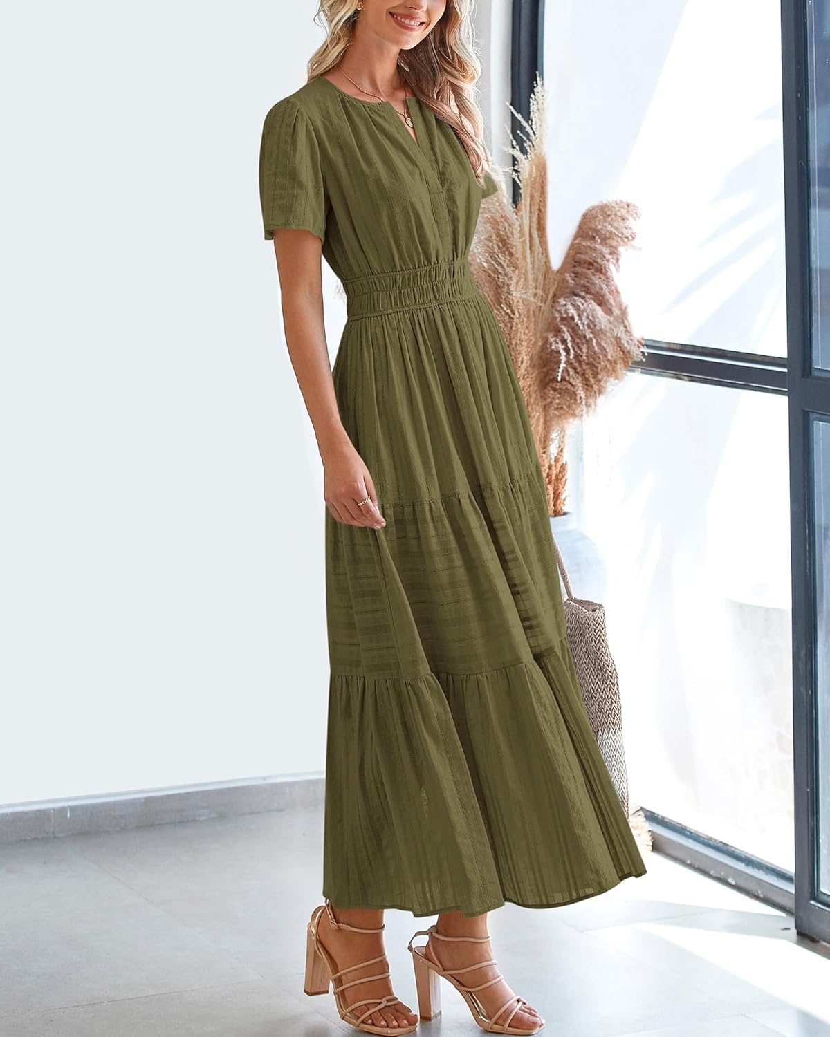 image:imageBTFBM Womens Summer 2026 Casual Midi Maxi Dresses Lightweight Short Sleeve V Neck Elastic Waist Boho Beach Dress PocketsArmy Green