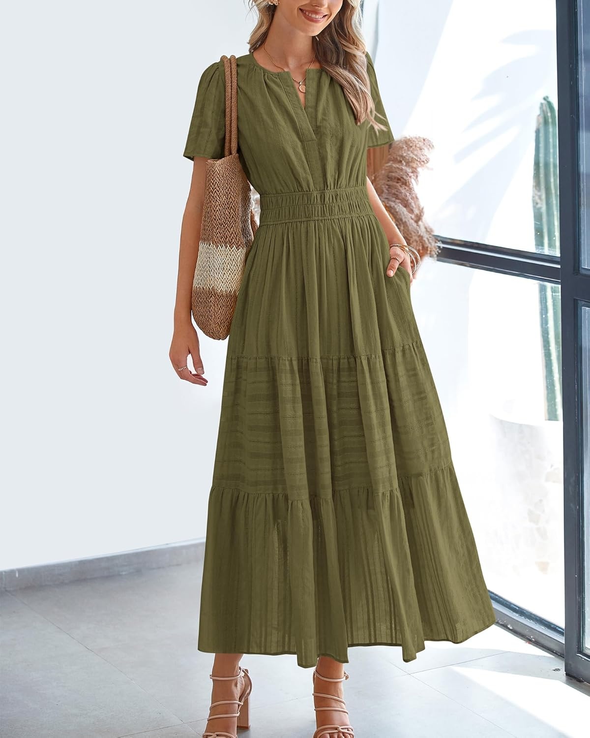 image:imageBTFBM Womens Summer 2026 Casual Midi Maxi Dresses Lightweight Short Sleeve V Neck Elastic Waist Boho Beach Dress PocketsArmy Green