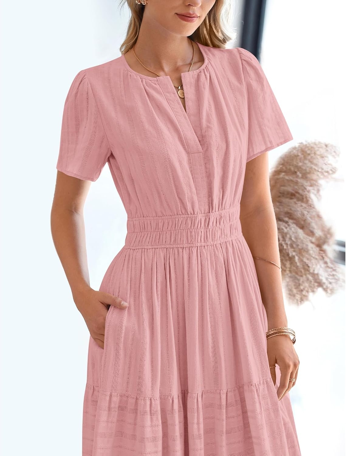 image:imageBTFBM Womens Summer 2026 Casual Midi Maxi Dresses Lightweight Short Sleeve V Neck Elastic Waist Boho Beach Dress PocketsBean Paste Pink
