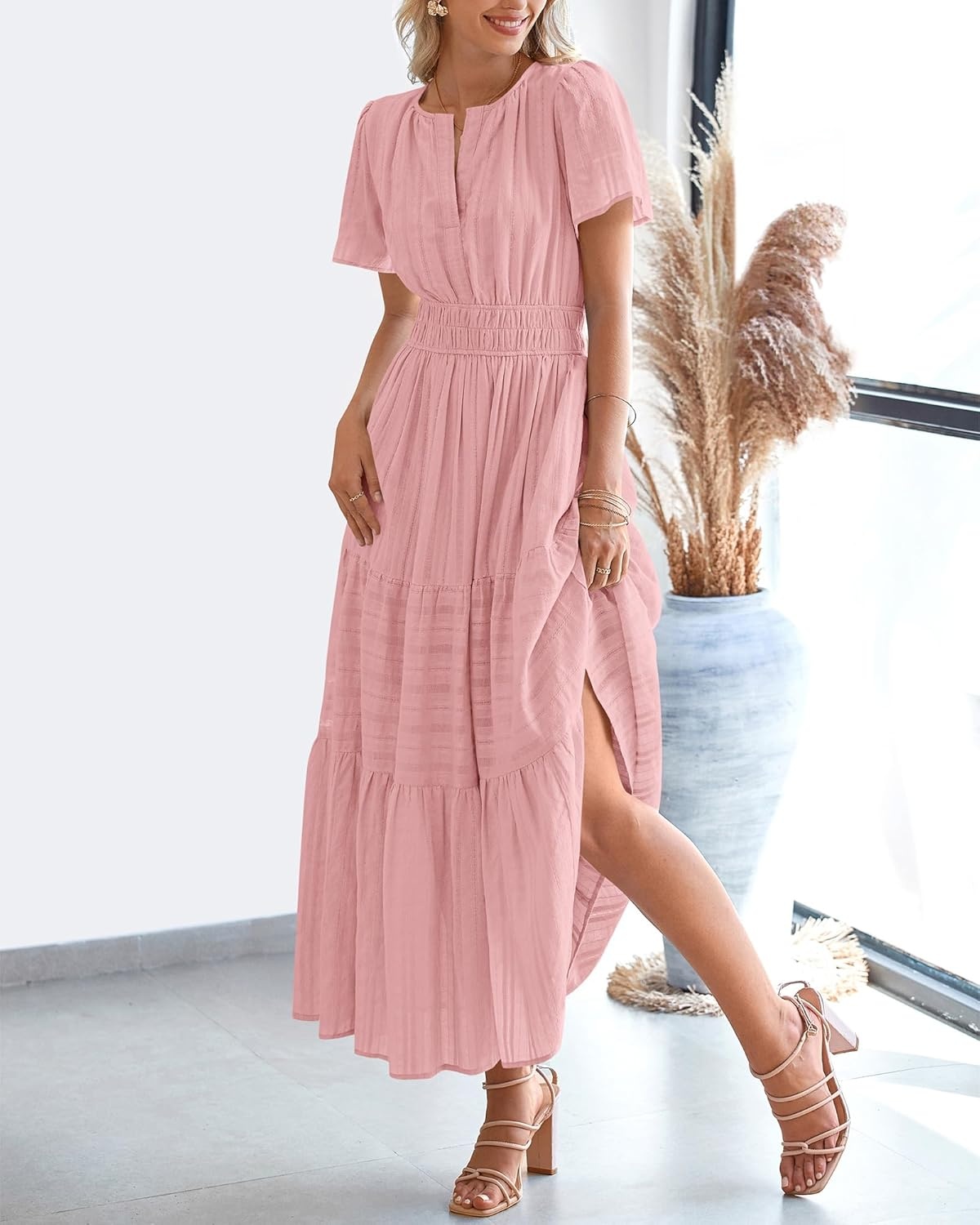 image:imageBTFBM Womens Summer 2026 Casual Midi Maxi Dresses Lightweight Short Sleeve V Neck Elastic Waist Boho Beach Dress PocketsBean Paste Pink