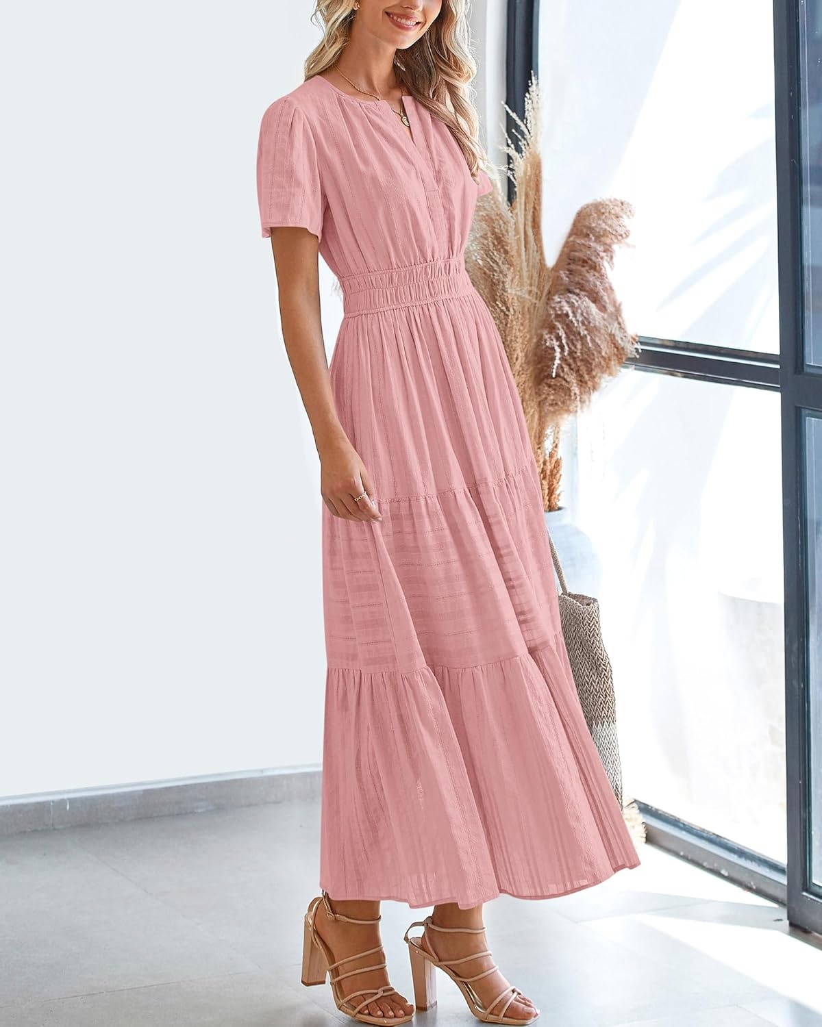 image:imageBTFBM Womens Summer 2026 Casual Midi Maxi Dresses Lightweight Short Sleeve V Neck Elastic Waist Boho Beach Dress PocketsBean Paste Pink