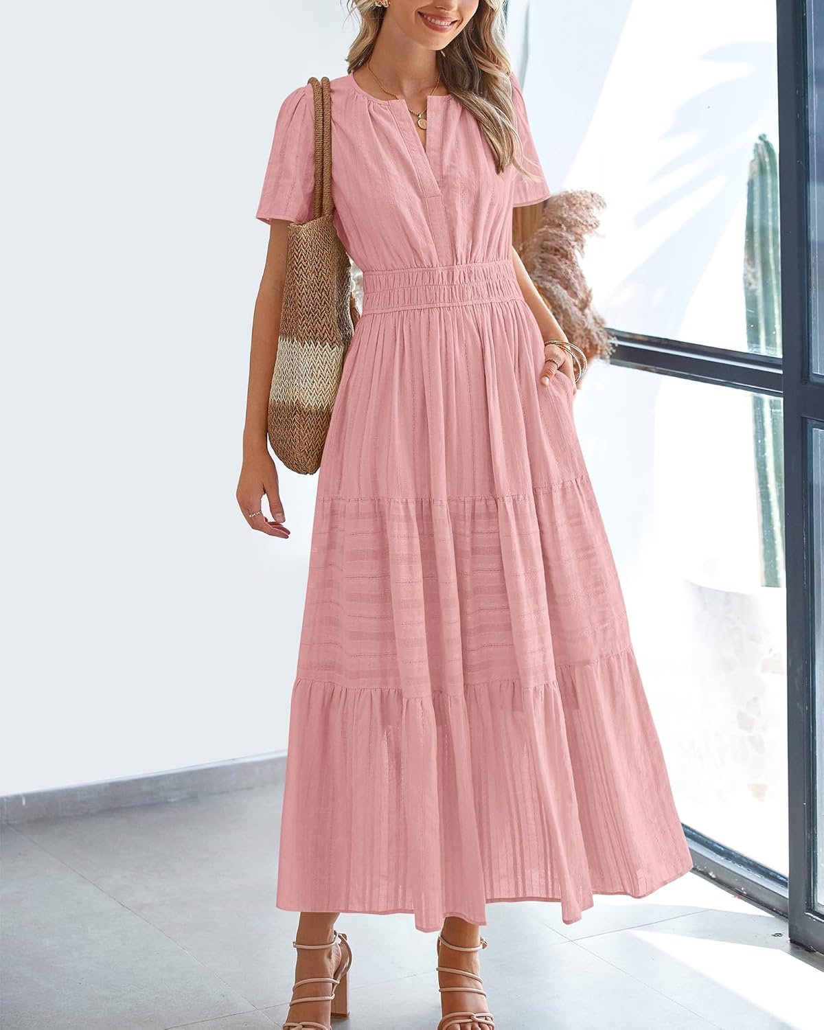 image:imageBTFBM Womens Summer 2026 Casual Midi Maxi Dresses Lightweight Short Sleeve V Neck Elastic Waist Boho Beach Dress PocketsBean Paste Pink