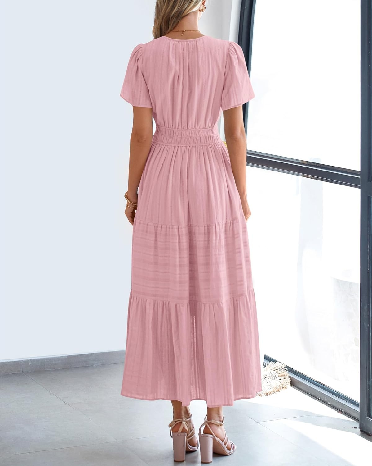 image:imageBTFBM Womens Summer 2026 Casual Midi Maxi Dresses Lightweight Short Sleeve V Neck Elastic Waist Boho Beach Dress PocketsBean Paste Pink