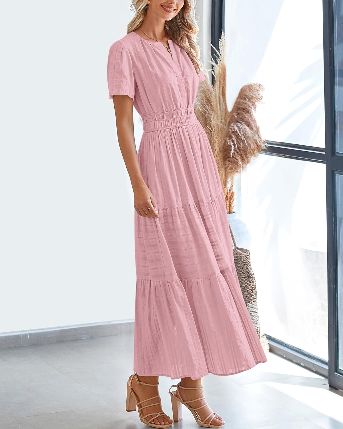 image:imageBTFBM Womens Summer 2026 Casual Midi Maxi Dresses Lightweight Short Sleeve V Neck Elastic Waist Boho Beach Dress PocketsBean Paste Pink