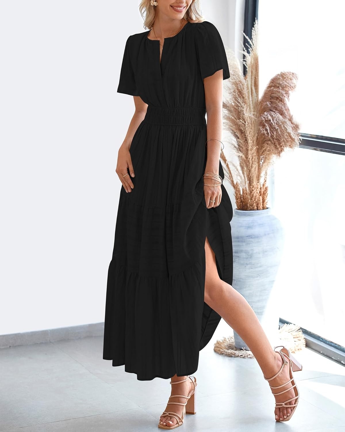 image:imageBTFBM Womens Summer 2026 Casual Midi Maxi Dresses Lightweight Short Sleeve V Neck Elastic Waist Boho Beach Dress PocketsBlack