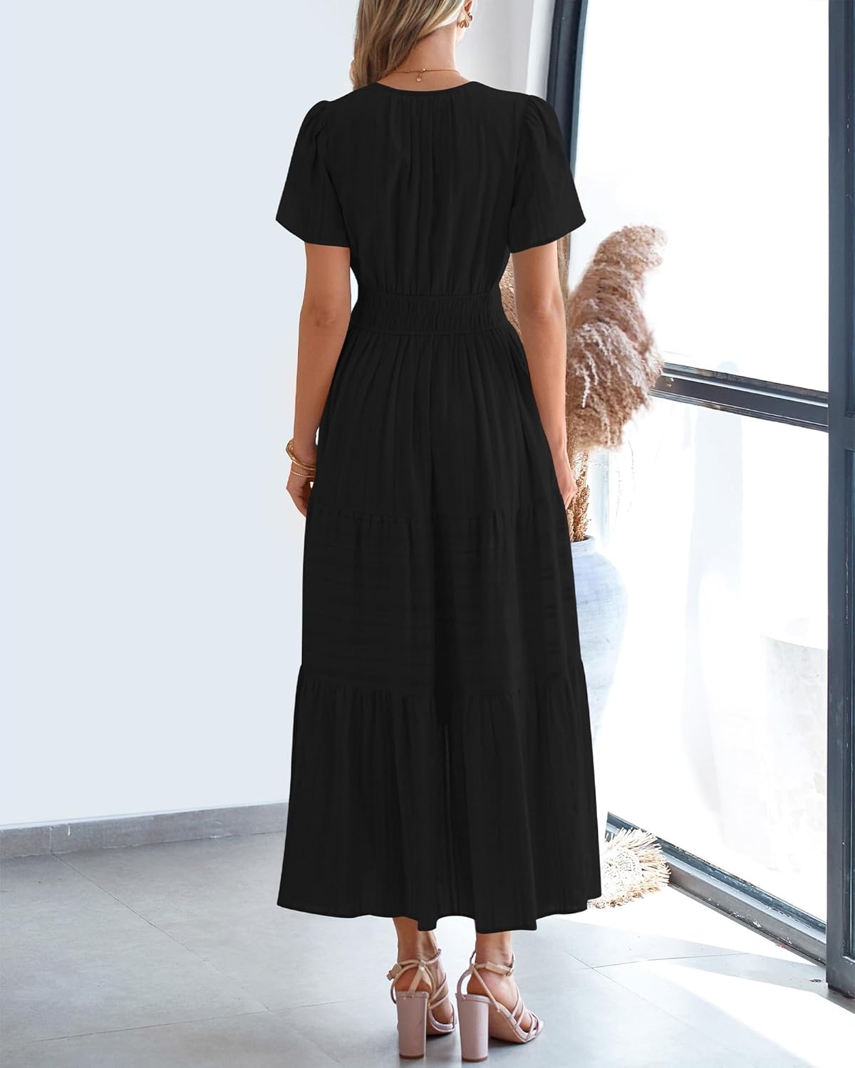 image:imageBTFBM Womens Summer 2026 Casual Midi Maxi Dresses Lightweight Short Sleeve V Neck Elastic Waist Boho Beach Dress PocketsBlack