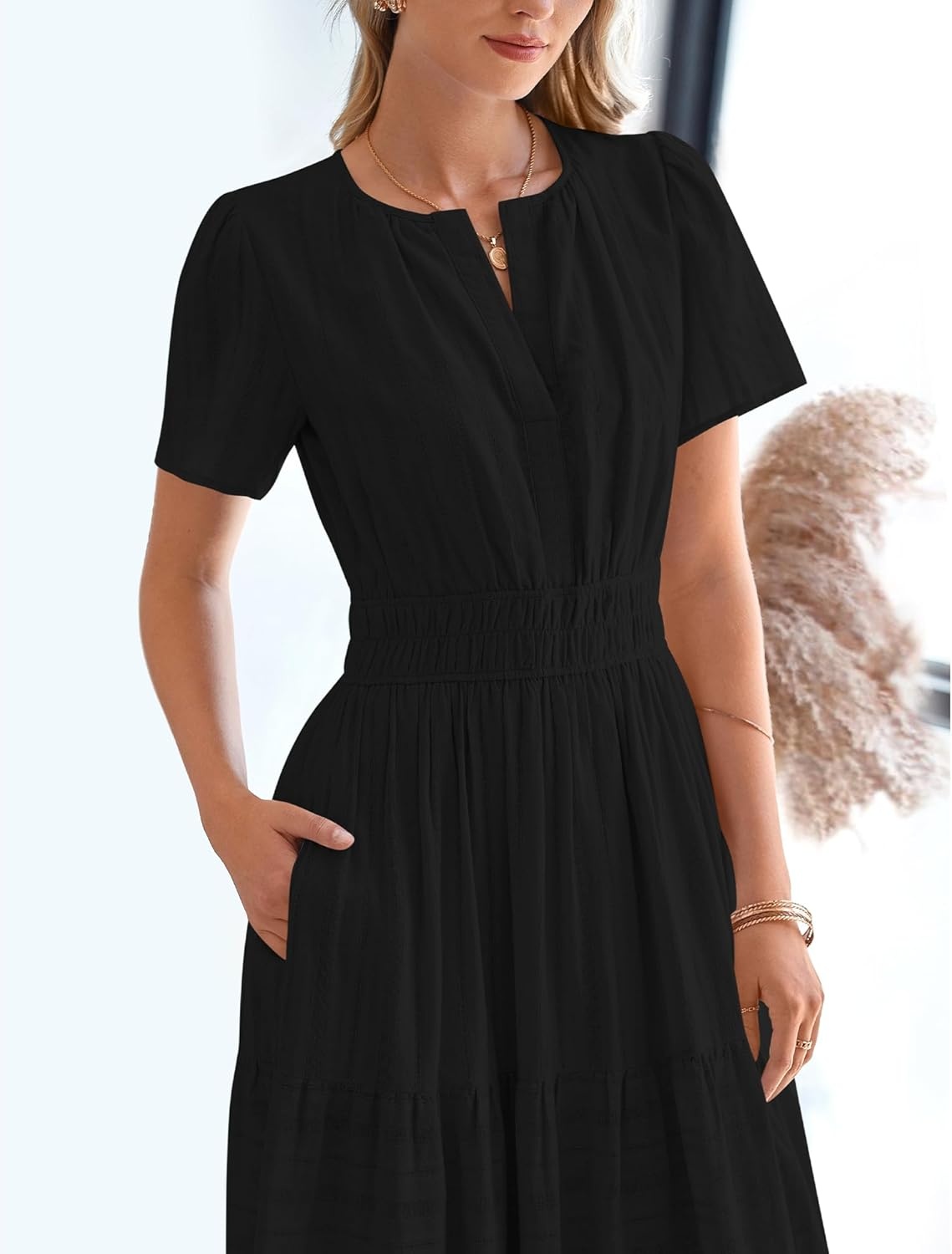 image:imageBTFBM Womens Summer 2026 Casual Midi Maxi Dresses Lightweight Short Sleeve V Neck Elastic Waist Boho Beach Dress PocketsBlack