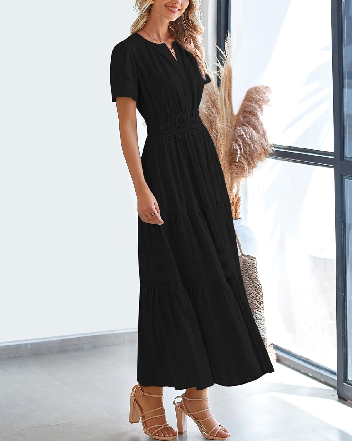 image:imageBTFBM Womens Summer 2026 Casual Midi Maxi Dresses Lightweight Short Sleeve V Neck Elastic Waist Boho Beach Dress PocketsBlack