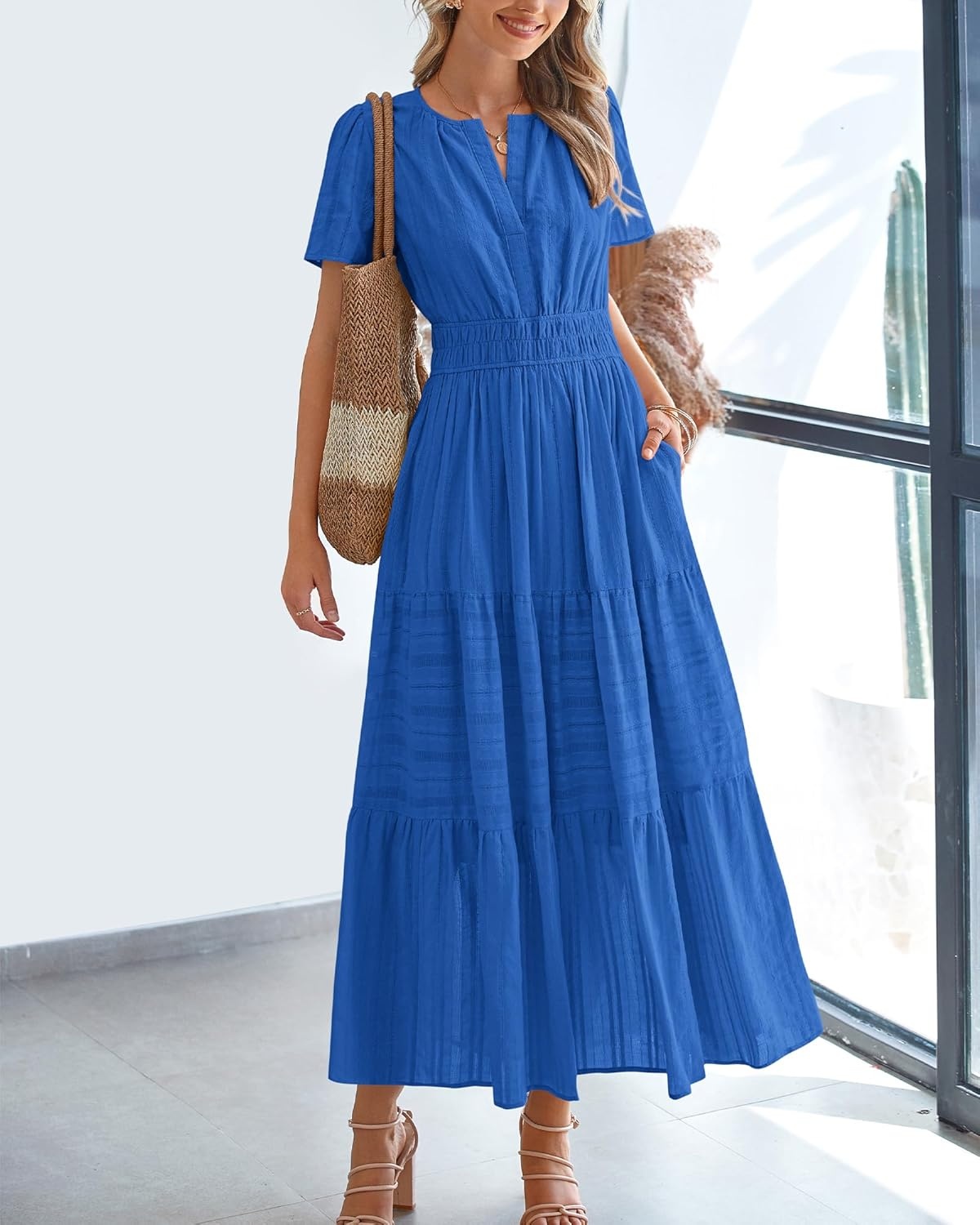 image:imageBTFBM Womens Summer 2026 Casual Midi Maxi Dresses Lightweight Short Sleeve V Neck Elastic Waist Boho Beach Dress PocketsBlue