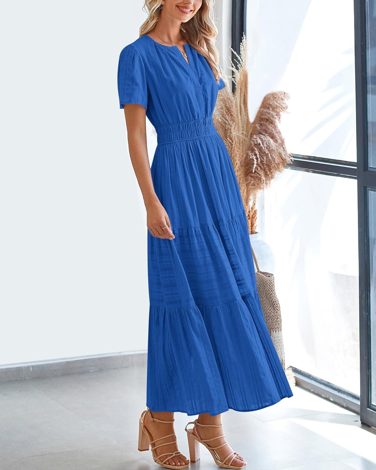 image:imageBTFBM Womens Summer 2026 Casual Midi Maxi Dresses Lightweight Short Sleeve V Neck Elastic Waist Boho Beach Dress PocketsBlue