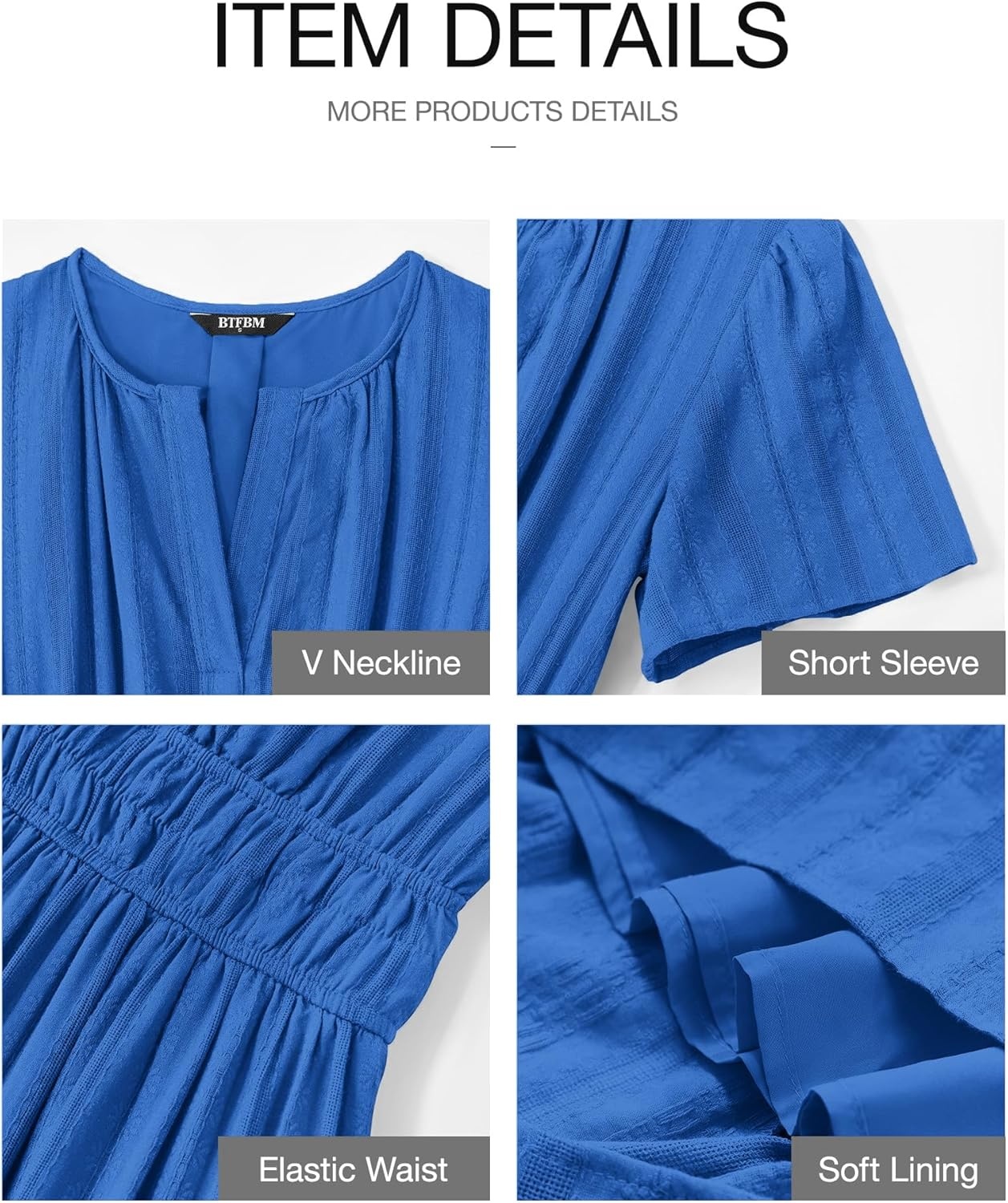 image:imageBTFBM Womens Summer 2026 Casual Midi Maxi Dresses Lightweight Short Sleeve V Neck Elastic Waist Boho Beach Dress PocketsBlue