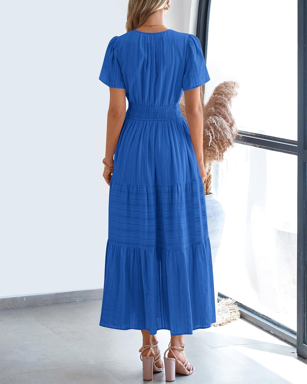 image:imageBTFBM Womens Summer 2026 Casual Midi Maxi Dresses Lightweight Short Sleeve V Neck Elastic Waist Boho Beach Dress PocketsBlue