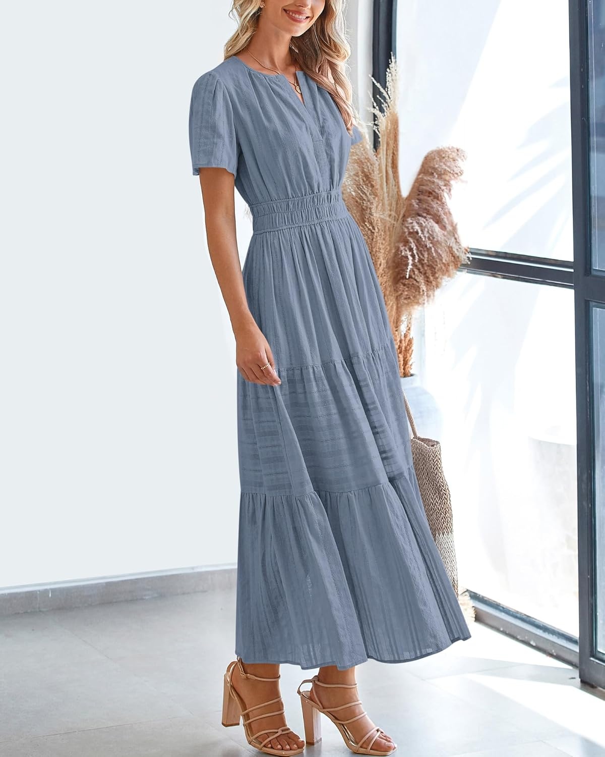 image:imageBTFBM Womens Summer 2026 Casual Midi Maxi Dresses Lightweight Short Sleeve V Neck Elastic Waist Boho Beach Dress PocketsBlue Grey