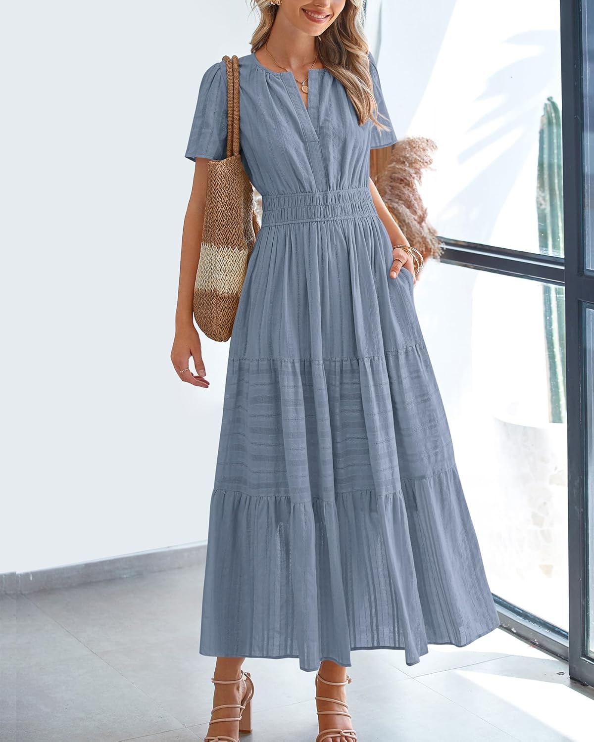 image:imageBTFBM Womens Summer 2026 Casual Midi Maxi Dresses Lightweight Short Sleeve V Neck Elastic Waist Boho Beach Dress PocketsBlue Grey