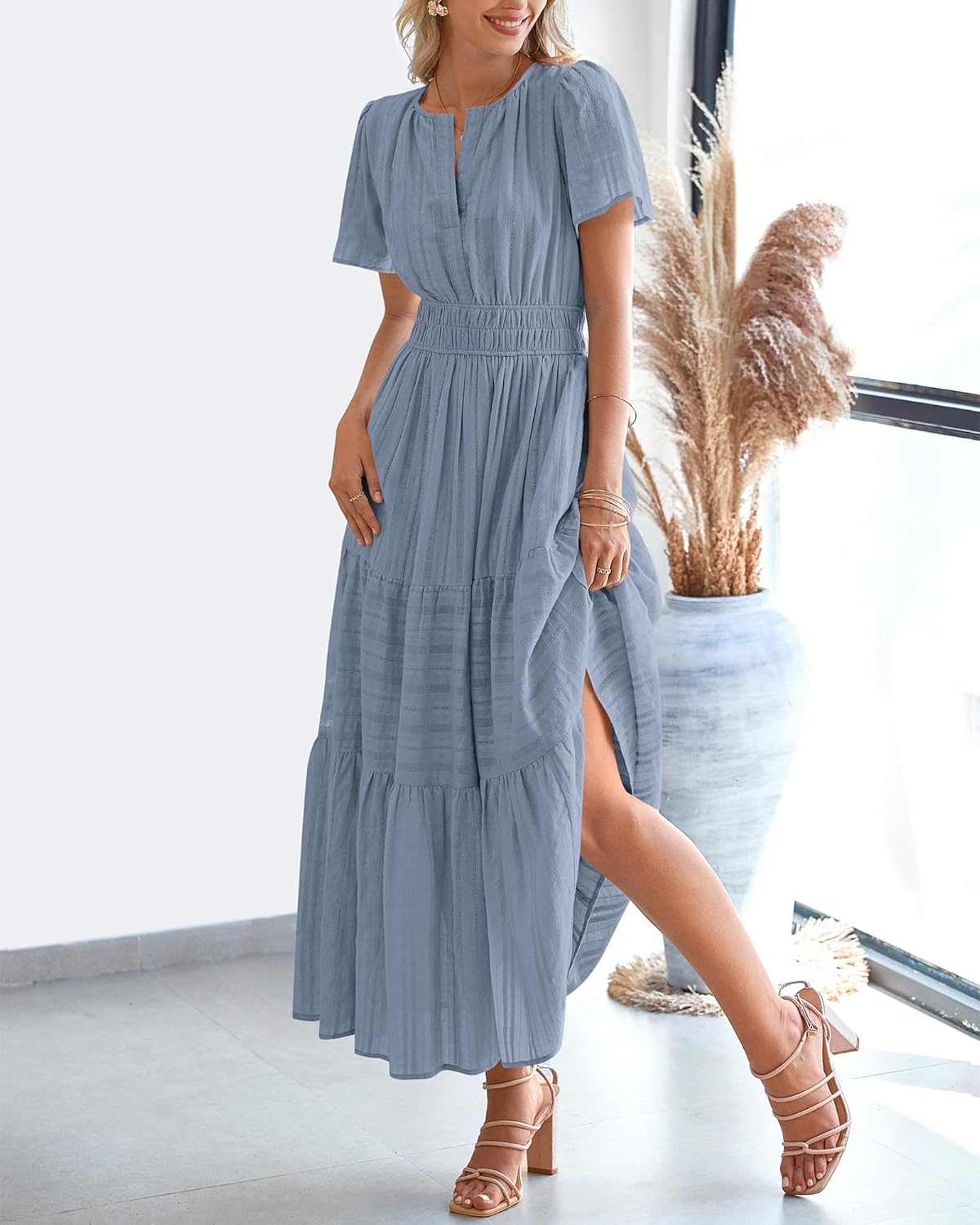 image:imageBTFBM Womens Summer 2026 Casual Midi Maxi Dresses Lightweight Short Sleeve V Neck Elastic Waist Boho Beach Dress PocketsBlue Grey