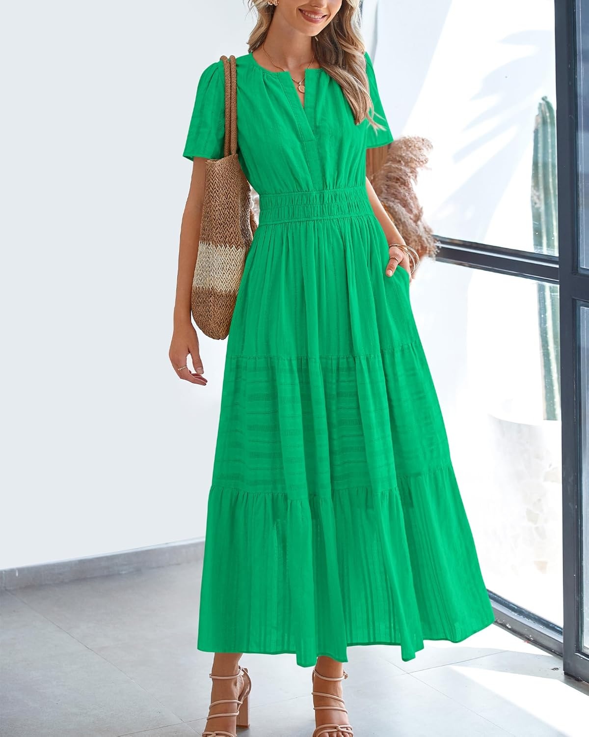 image:imageBTFBM Womens Summer 2026 Casual Midi Maxi Dresses Lightweight Short Sleeve V Neck Elastic Waist Boho Beach Dress PocketsBright Green