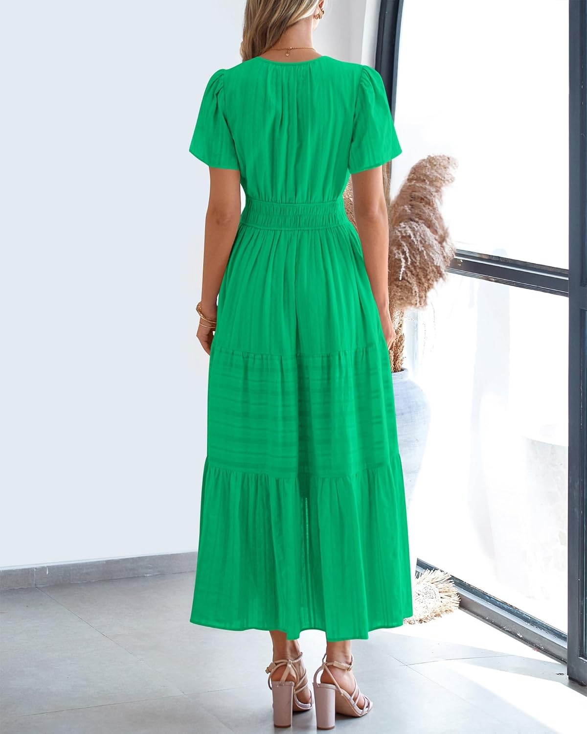 image:imageBTFBM Womens Summer 2026 Casual Midi Maxi Dresses Lightweight Short Sleeve V Neck Elastic Waist Boho Beach Dress PocketsBright Green