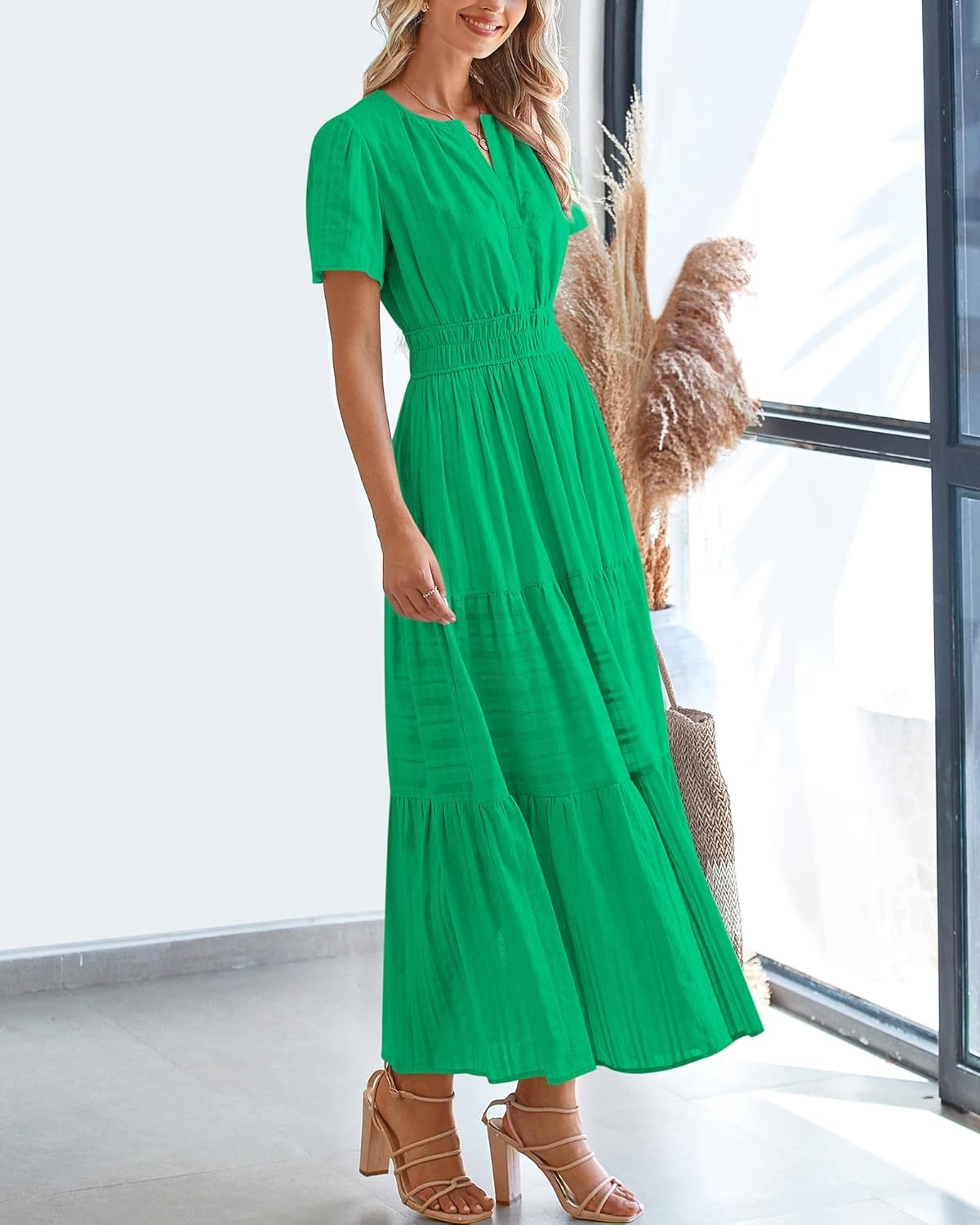 image:imageBTFBM Womens Summer 2026 Casual Midi Maxi Dresses Lightweight Short Sleeve V Neck Elastic Waist Boho Beach Dress PocketsBright Green