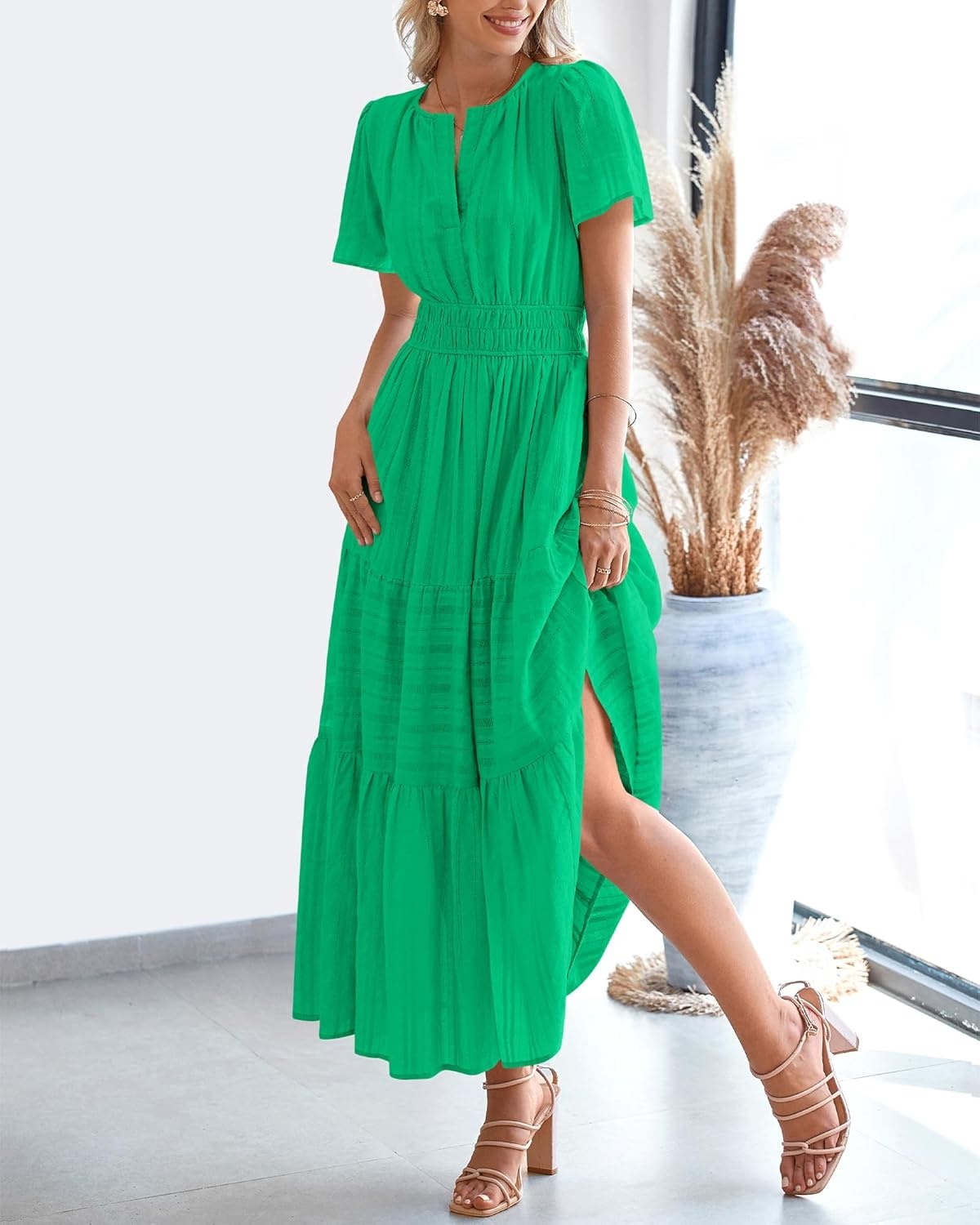 image:imageBTFBM Womens Summer 2026 Casual Midi Maxi Dresses Lightweight Short Sleeve V Neck Elastic Waist Boho Beach Dress PocketsBright Green