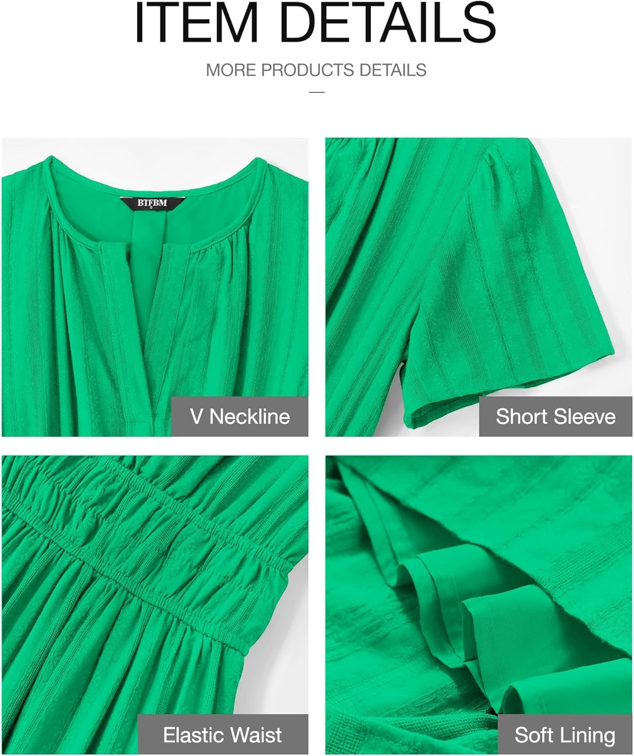 image:imageBTFBM Womens Summer 2026 Casual Midi Maxi Dresses Lightweight Short Sleeve V Neck Elastic Waist Boho Beach Dress PocketsBright Green