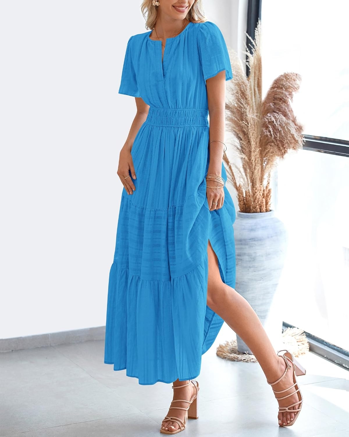 image:imageBTFBM Womens Summer 2026 Casual Midi Maxi Dresses Lightweight Short Sleeve V Neck Elastic Waist Boho Beach Dress PocketsBrilliant Blue