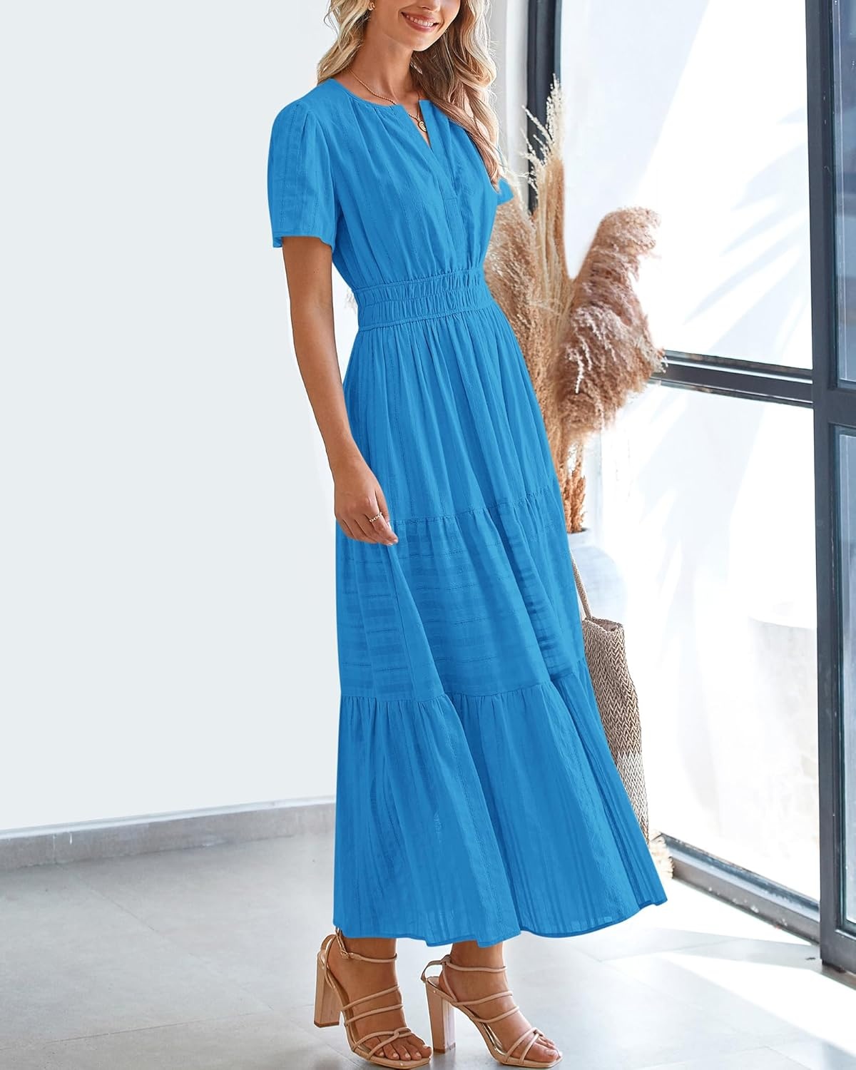 image:imageBTFBM Womens Summer 2026 Casual Midi Maxi Dresses Lightweight Short Sleeve V Neck Elastic Waist Boho Beach Dress PocketsBrilliant Blue