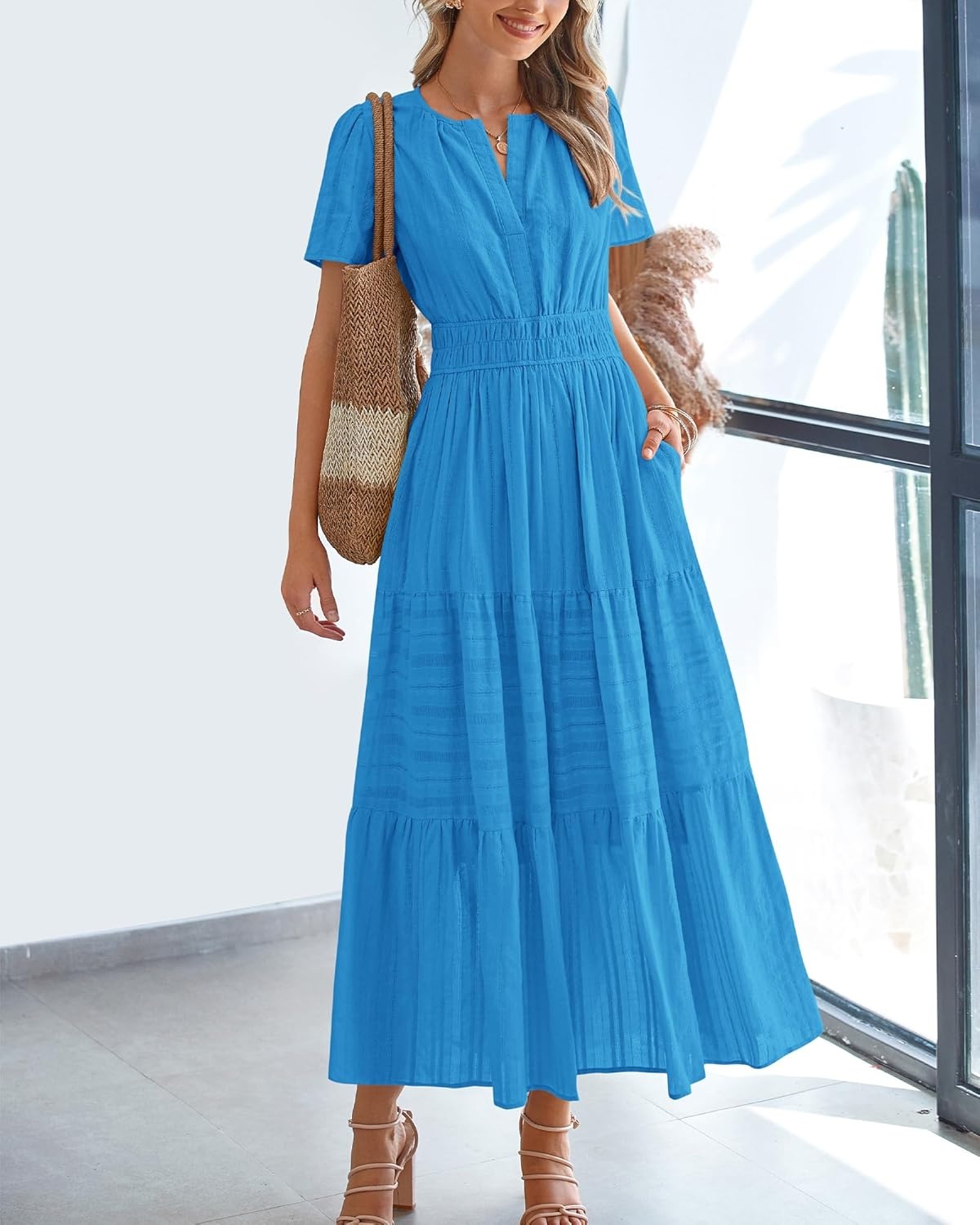 image:imageBTFBM Womens Summer 2026 Casual Midi Maxi Dresses Lightweight Short Sleeve V Neck Elastic Waist Boho Beach Dress PocketsBrilliant Blue