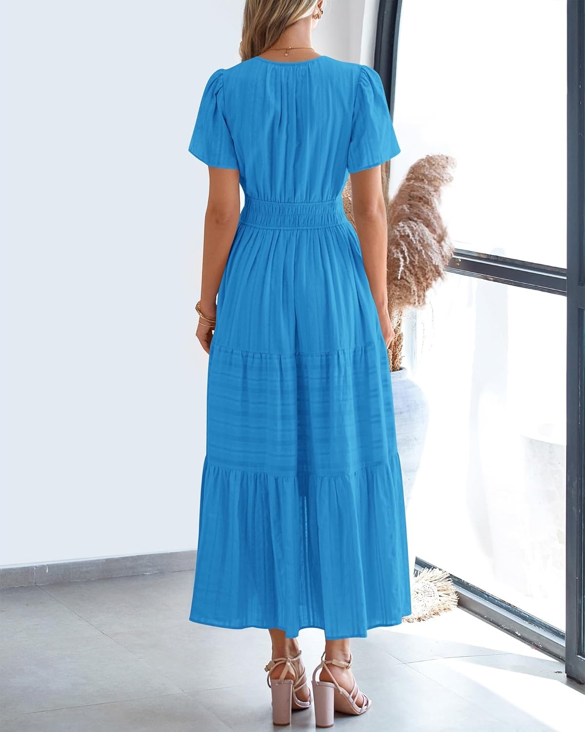 image:imageBTFBM Womens Summer 2026 Casual Midi Maxi Dresses Lightweight Short Sleeve V Neck Elastic Waist Boho Beach Dress PocketsBrilliant Blue