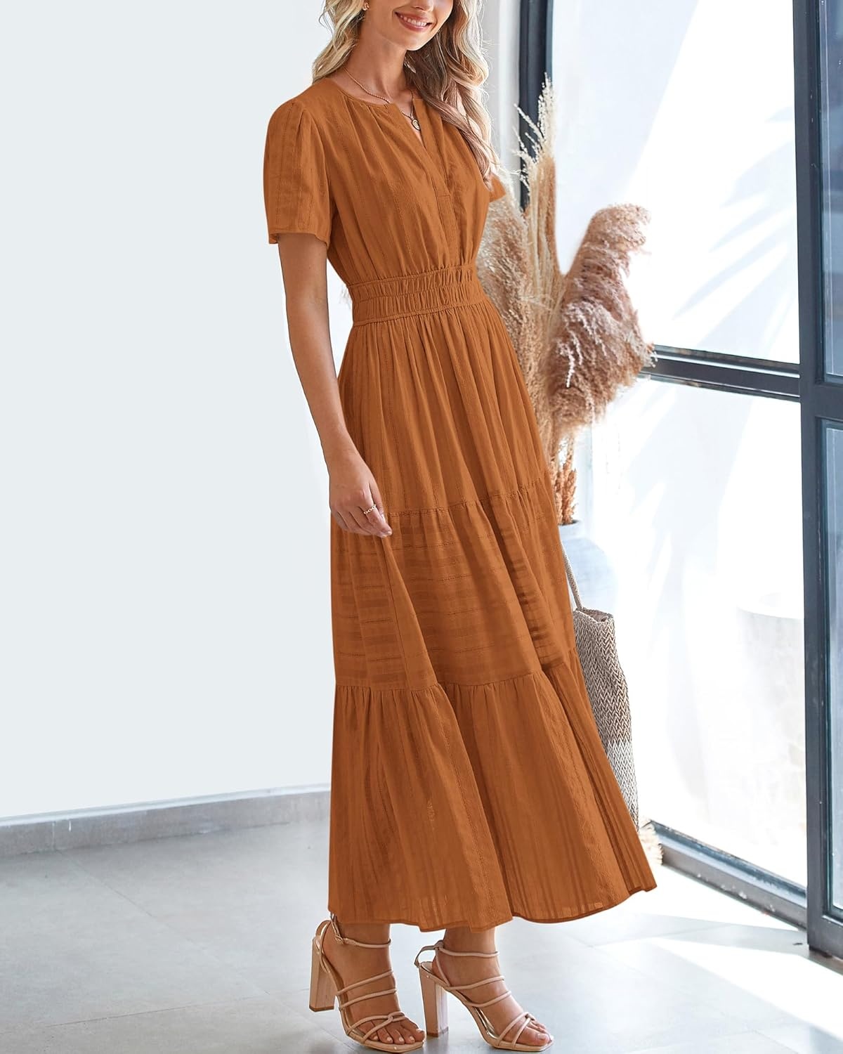 image:imageBTFBM Womens Summer 2026 Casual Midi Maxi Dresses Lightweight Short Sleeve V Neck Elastic Waist Boho Beach Dress PocketsBrown Orange