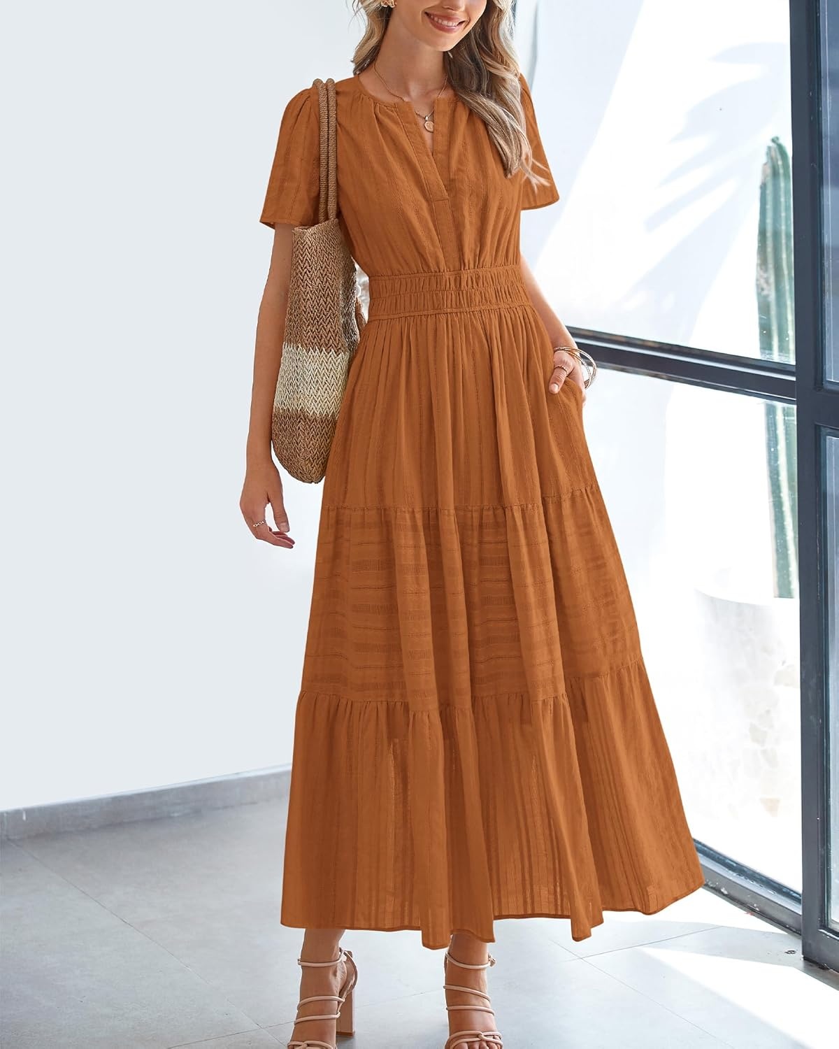 image:imageBTFBM Womens Summer 2026 Casual Midi Maxi Dresses Lightweight Short Sleeve V Neck Elastic Waist Boho Beach Dress PocketsBrown Orange