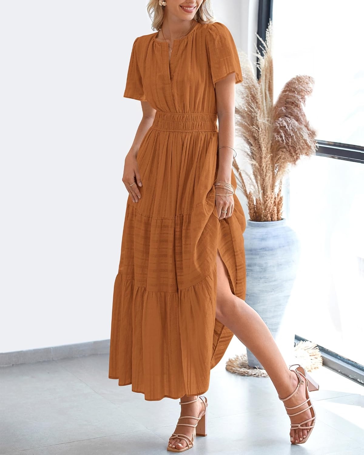image:imageBTFBM Womens Summer 2026 Casual Midi Maxi Dresses Lightweight Short Sleeve V Neck Elastic Waist Boho Beach Dress PocketsBrown Orange