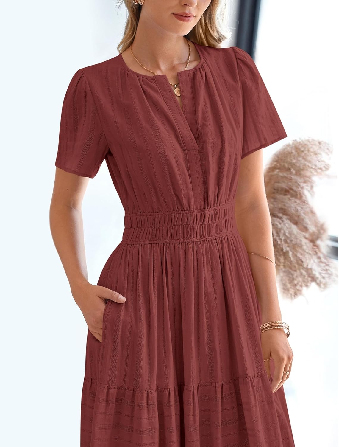 image:imageBTFBM Womens Summer 2026 Casual Midi Maxi Dresses Lightweight Short Sleeve V Neck Elastic Waist Boho Beach Dress PocketsBrown Red