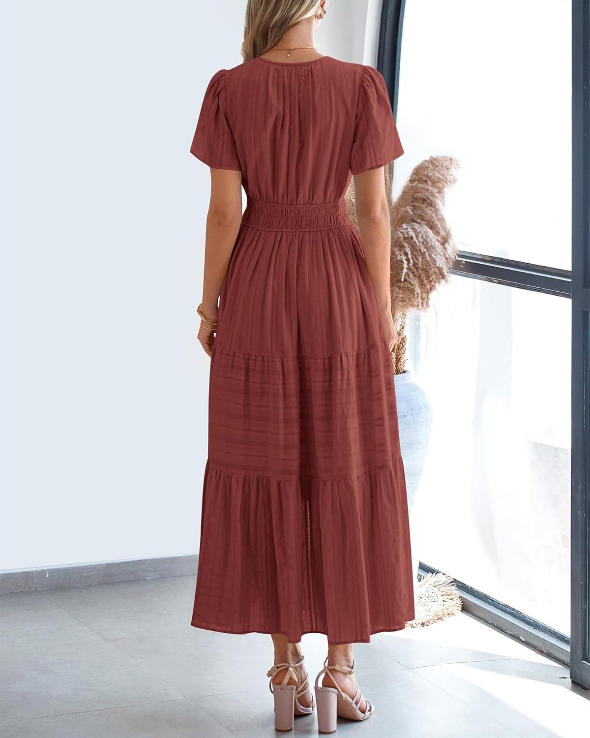 image:imageBTFBM Womens Summer 2026 Casual Midi Maxi Dresses Lightweight Short Sleeve V Neck Elastic Waist Boho Beach Dress PocketsBrown Red