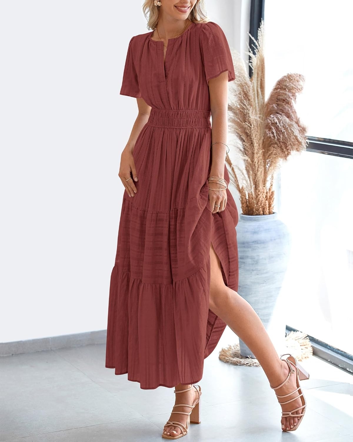 image:imageBTFBM Womens Summer 2026 Casual Midi Maxi Dresses Lightweight Short Sleeve V Neck Elastic Waist Boho Beach Dress PocketsBrown Red