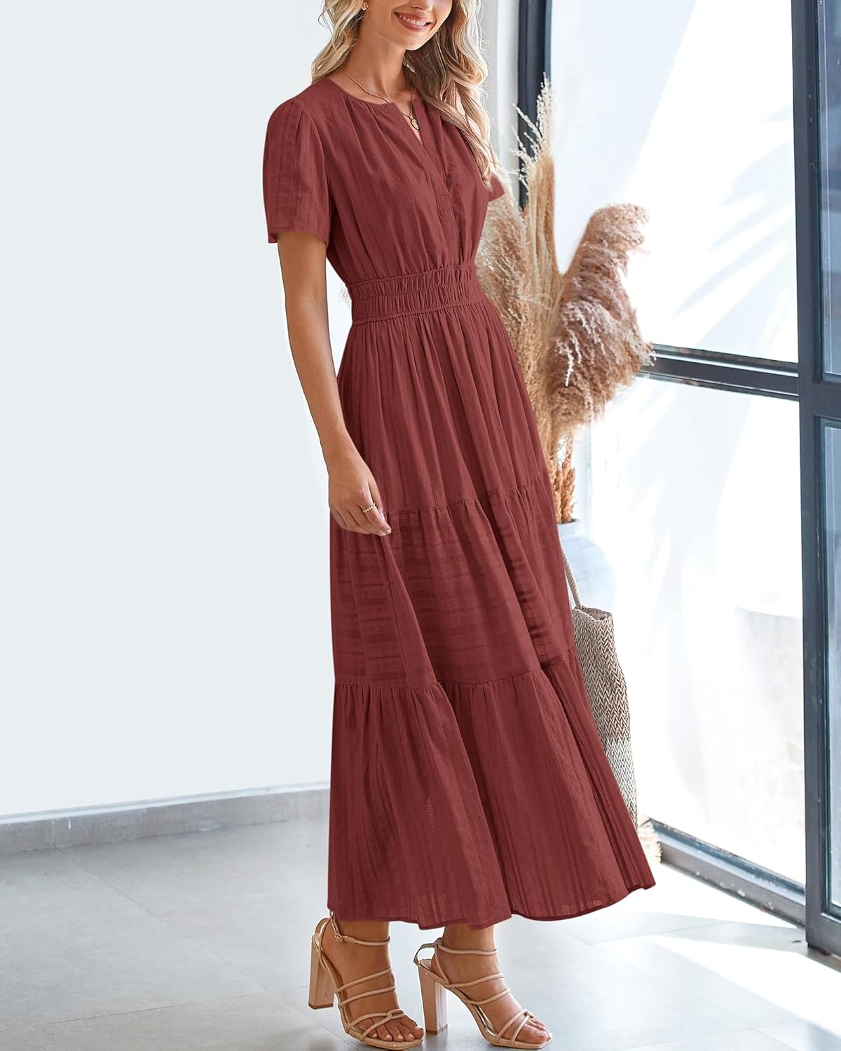 image:imageBTFBM Womens Summer 2026 Casual Midi Maxi Dresses Lightweight Short Sleeve V Neck Elastic Waist Boho Beach Dress PocketsBrown Red