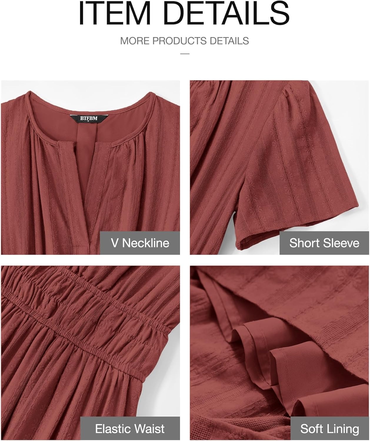 image:imageBTFBM Womens Summer 2026 Casual Midi Maxi Dresses Lightweight Short Sleeve V Neck Elastic Waist Boho Beach Dress PocketsBrown Red
